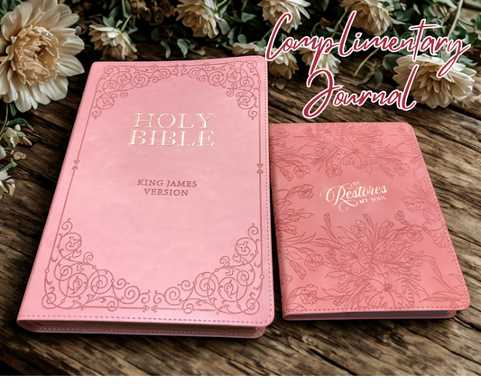 Personalized KJV Giant Print Bible – Pink Faux Leather, 14-Point Text, Free “He Restores My Soul” Journal, Debossed Bible